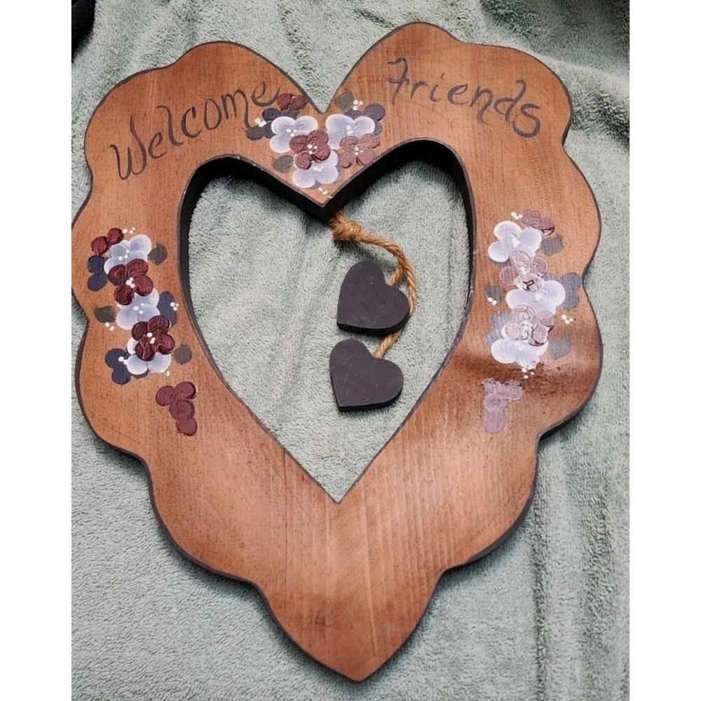 Vintage Hand Painted Welcome Hanging Sign Dutch Cottagecore Hearts Floral